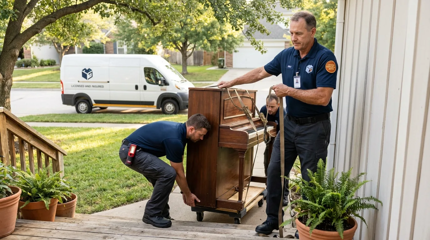 Licensed piano movers securing grand piano in Hector, MN