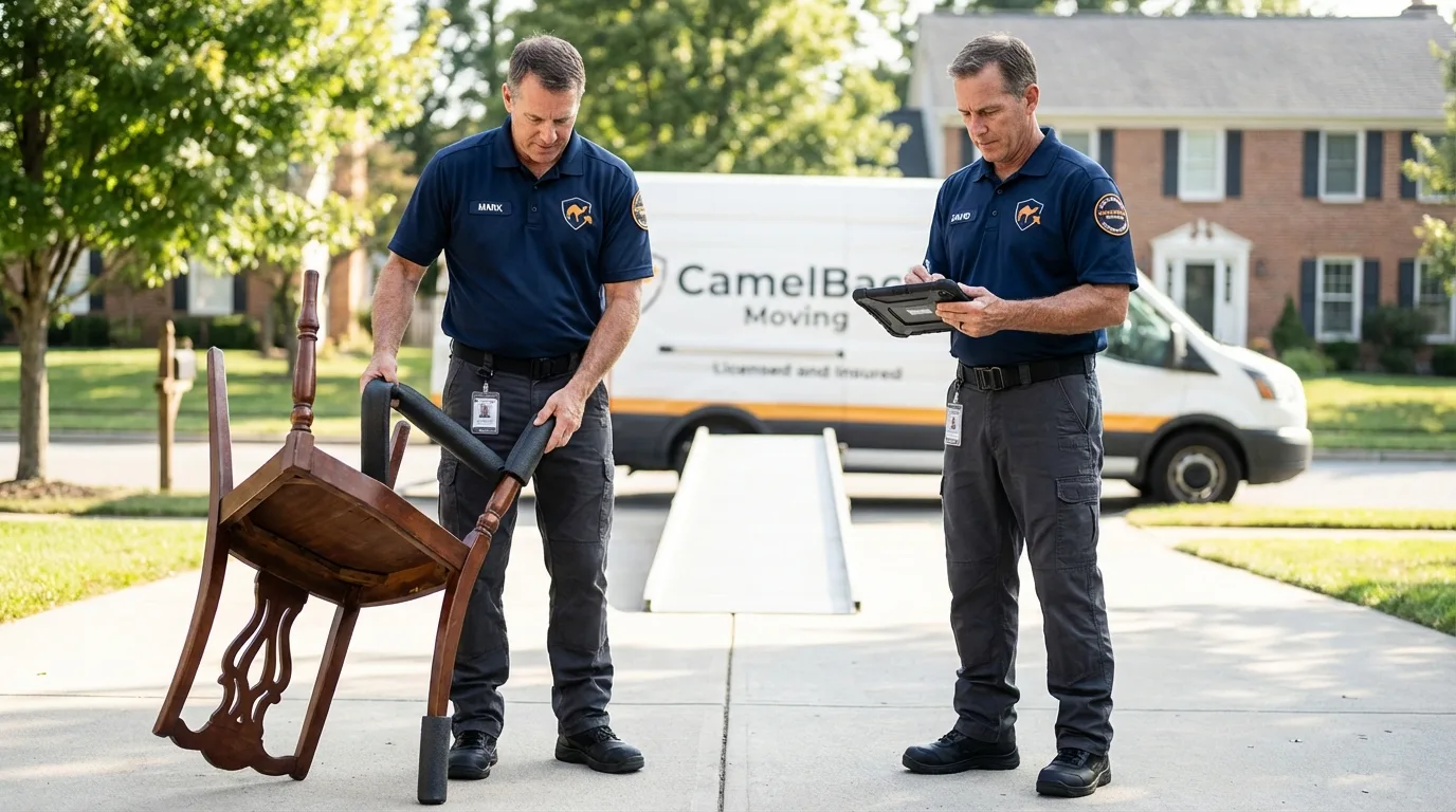 Movers inspecting furniture for damage prevention before loading in Hector, MN
