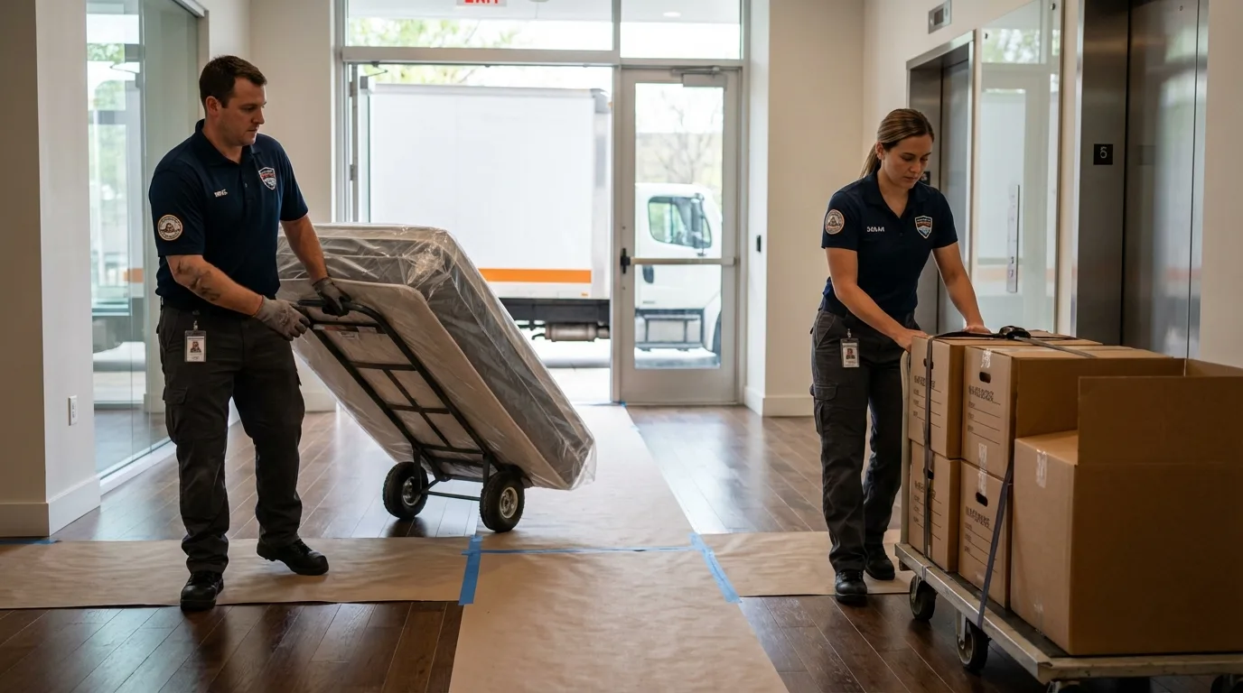Professional apartment movers loading elevator in Hector, MN
